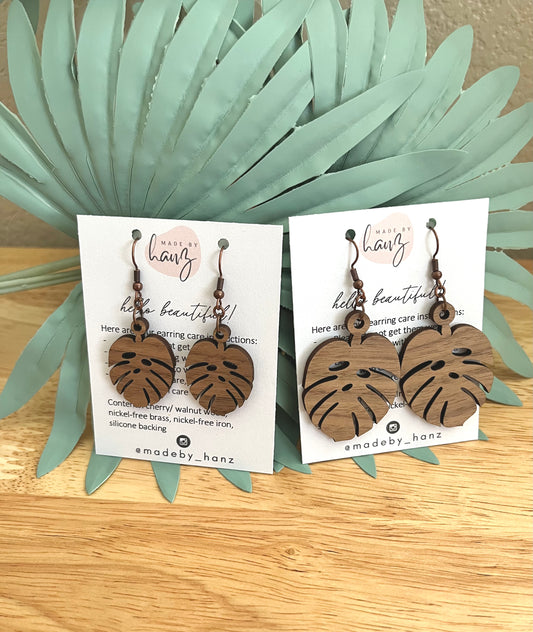 Monstera Leaves Walnut | Tropical Wooden Earrings