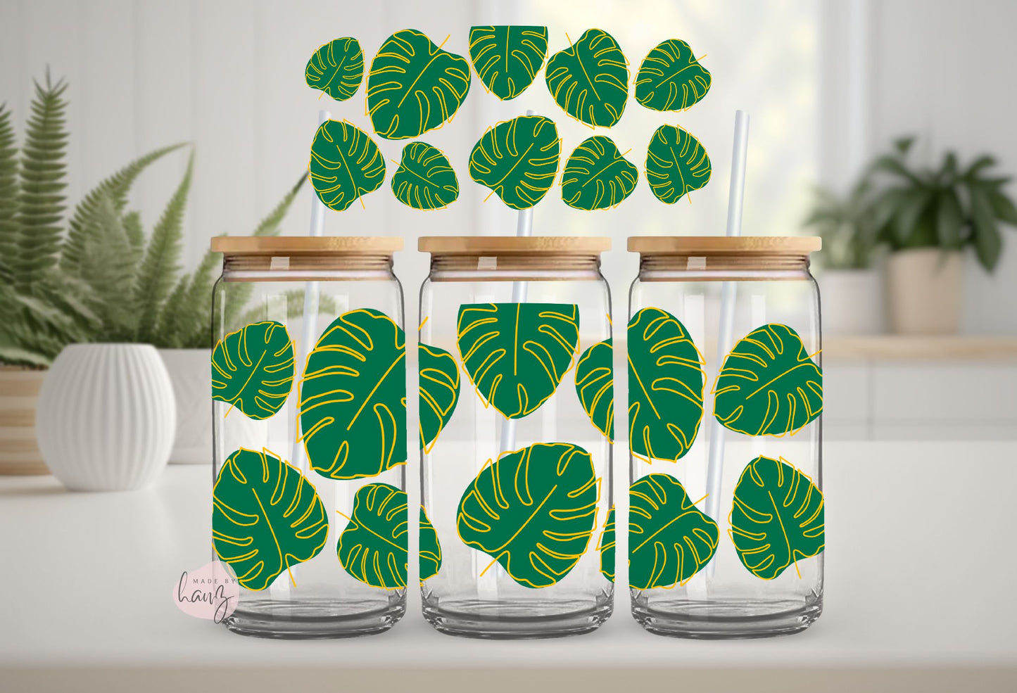 Tropical Monstera w/ Gold UV DTF Cup Wrap Transfer