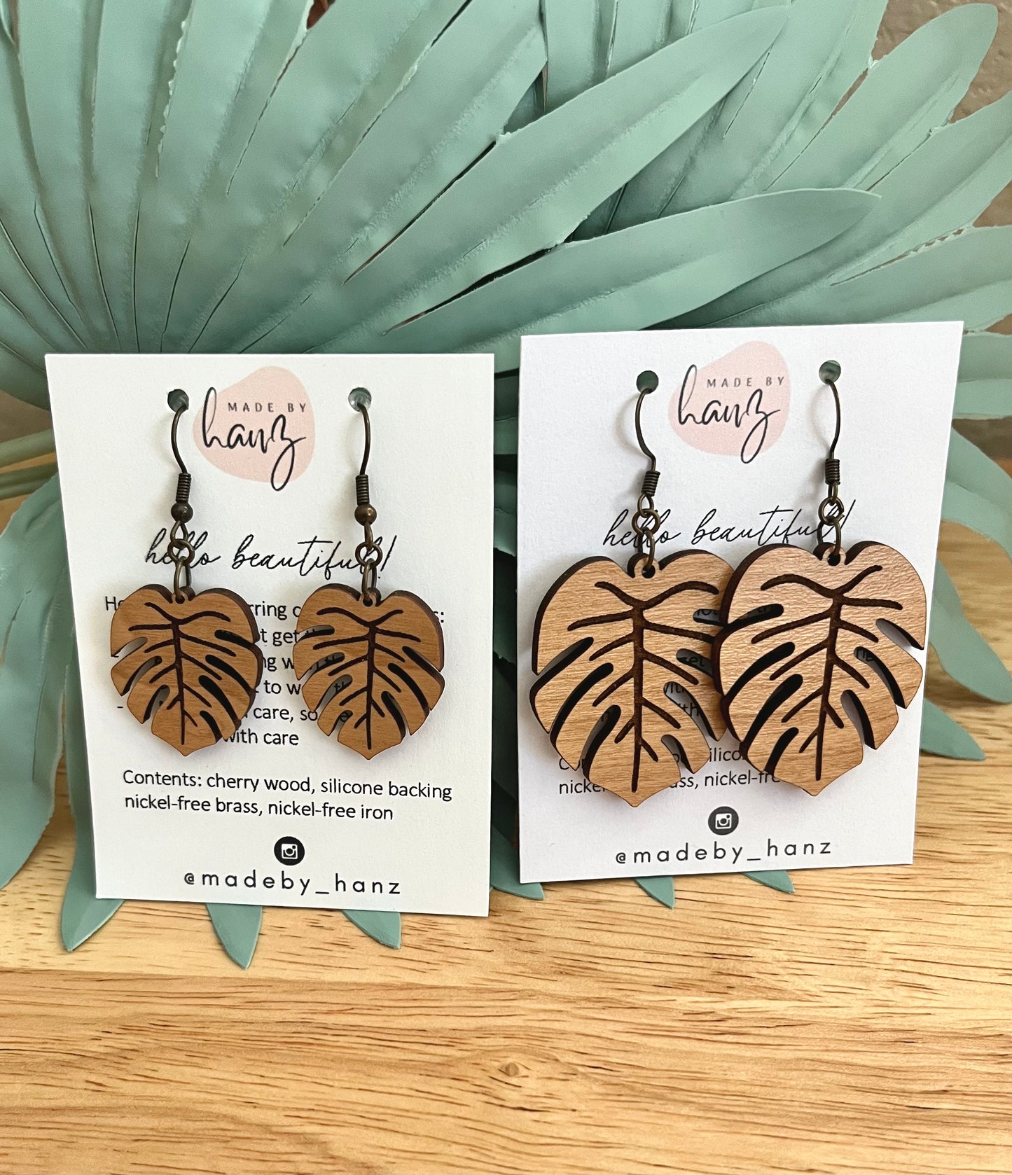 Monstera Leaves Cherry | Tropical Wooden Earrings